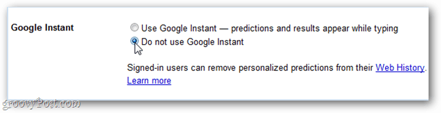 använd inte Google Instant