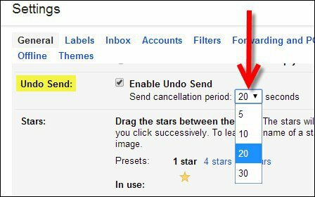 Ställ in Gmail ångra uppsägningstiden för skicka