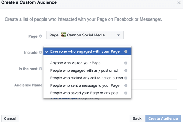 När du begränsar alternativen för din anpassade publik på Facebook hittar du specifika sätt att definiera publiken du vill rikta dig till, till exempel dessa sidspecifika interaktioner.