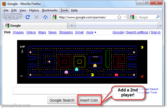 sätt in ett mynt för att aktivera mrs. pacman i google-logotypen