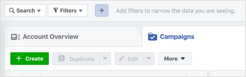 Klicka på knappen Skapa för att starta en ny Facebook-kampanj.