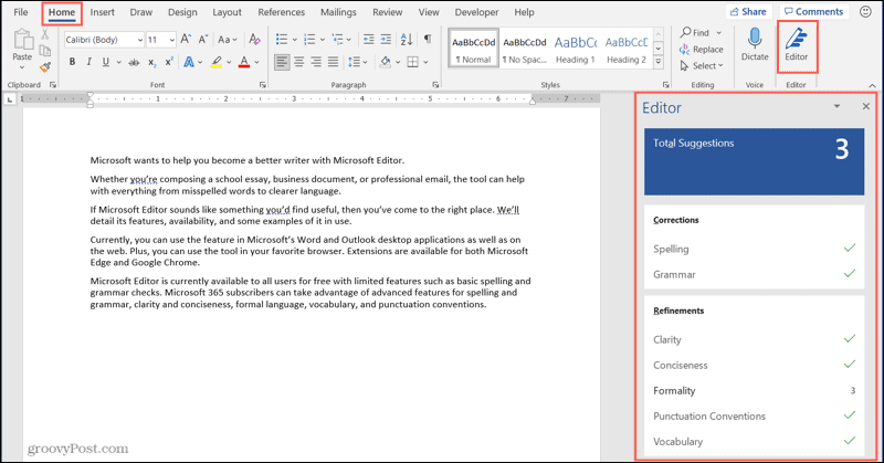 Microsoft Editor-knapp och sidofält i Word-skrivbordet