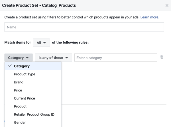 Använd Facebook Event Setup Tool, steg 28, Facebook-menyalternativ för att tillämpa filter på vilka produkter visas för kunderna