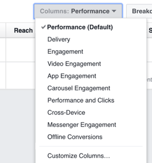 Klicka på listrutan Kolumner för alternativ för att ändra de kolumner du ser i Facebook Ads Manager.