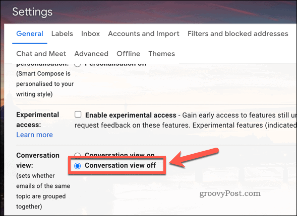Inaktivera konversationsvyn i Gmail-inställningarna
