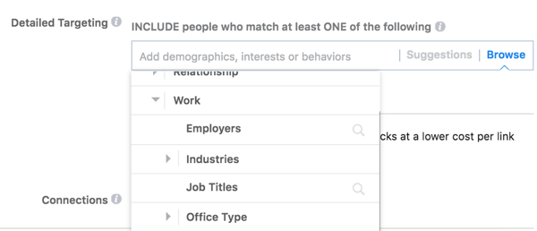 Facebook erbjuder detaljerade inriktningsalternativ baserat på din publiks arbete.