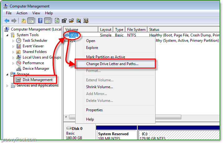 använd diskhanteringsfunktionen för att öppna dialogrutan för att ändra enhetsbokstaven i Windows 7