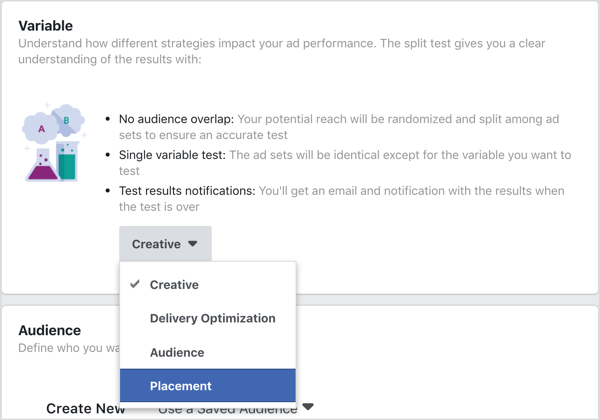 Välj placering som den variabel som ska testas med Facebook-delningstest