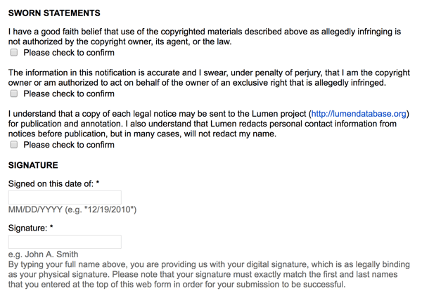 Googles meddelande om borttagning är fortfarande ett juridiskt dokument med underskrifter och svurna äganderätt.