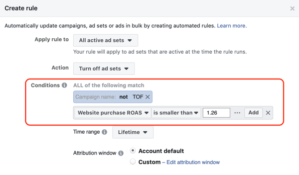 Använd Facebook-automatiska regler, stoppa annonsuppsättningen när ROAS faller under minimum, steg 3, villkorinställningar