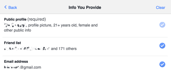 Du kan tillåta användare att neka åtkomst till vissa Facebook-profildata.