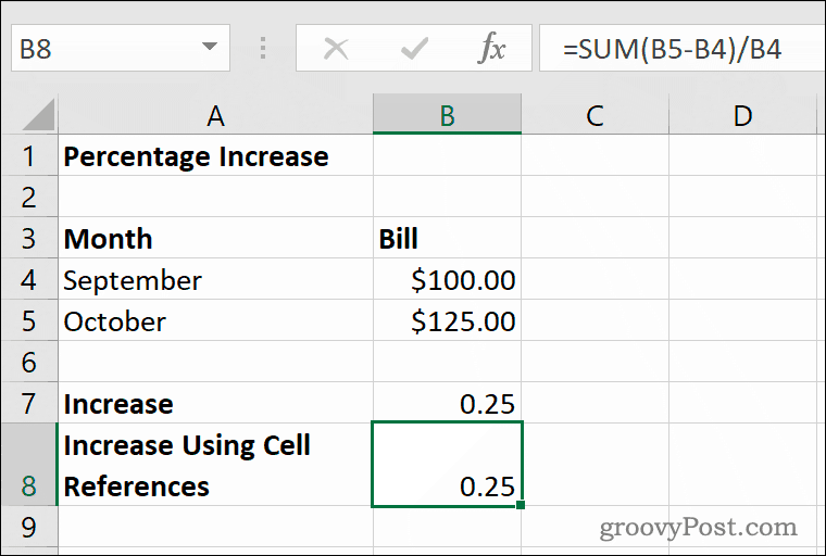 Ett exempel på procentsatsökningar i Microsoft Excel
