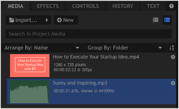 HitFilm Express importerar filer till mediebiblioteket