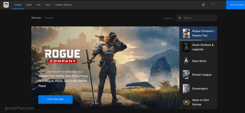 En skärmdump som visar webbplatsen Epic Games Store
