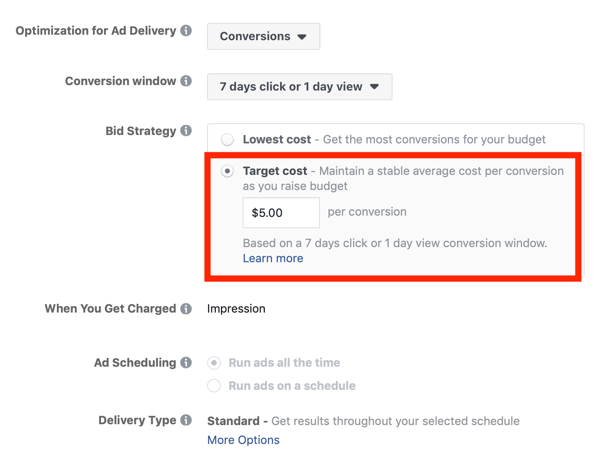 Tips för att sänka dina Facebook-annonskostnader, möjlighet att ställa in budstrategi för att rikta in kostnaden