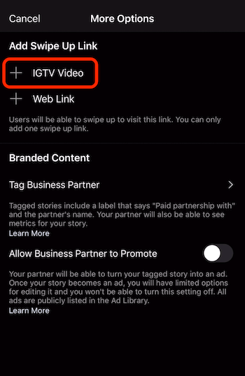 möjlighet att lägga till svep upp länk till IGTV-video