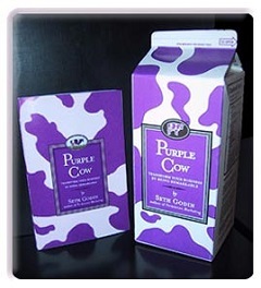 Den första upplagan av Purple Cow kom i en mjölkkartong.
