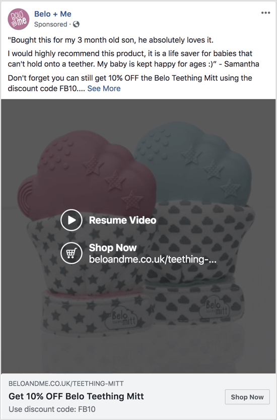 Denna Facebook-annons använder ett bildspel för att främja en rabatt på en viss produkt.