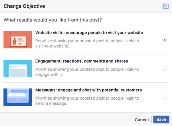 De objektiva alternativen för förstärkta inlägg baseras på media som används i ditt Facebook-inlägg.