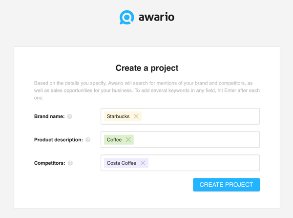 Hur man använder Awario för att lyssna på sociala medier, steg 1 skapa ett projekt.