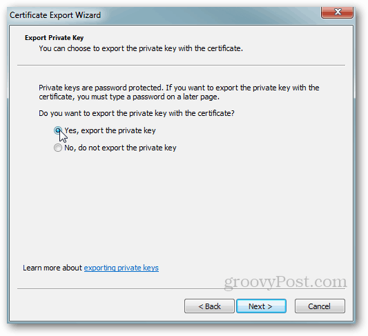 Windows Certificate Export - Privat nyckel Ja