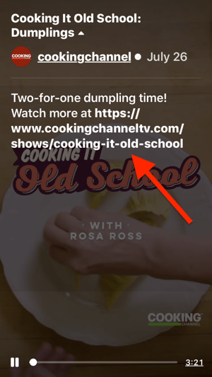 Exempel på en klickbar videolänk i beskrivningen av Cooking It Old Schools IGTV-avsnitt "Dumplings".