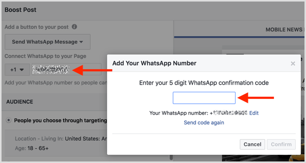 Ange bekräftelsekoden du fick via SMS för att ansluta ditt WhatsApp Business-konto till Facebook.
