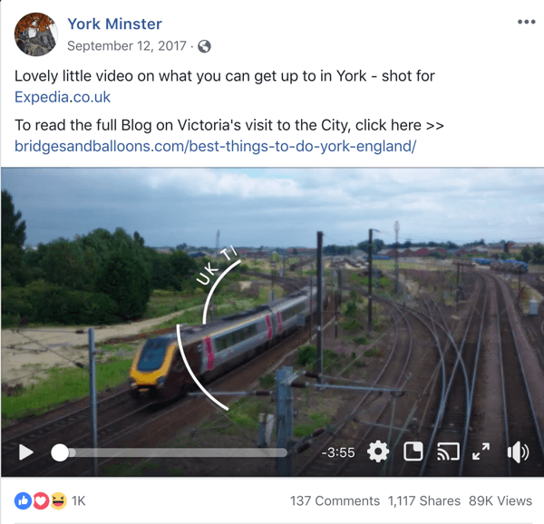 Exempel på Facebook-inlägg med turistinformation från York Minster.