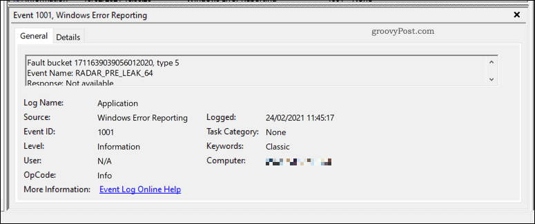 Ett exempel på en Windows-felrapport