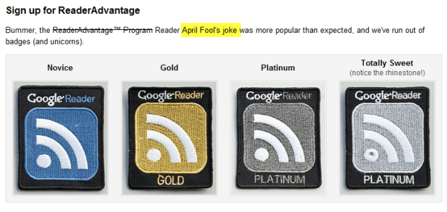 Google Reader April April Fools Reader Advantage Badge