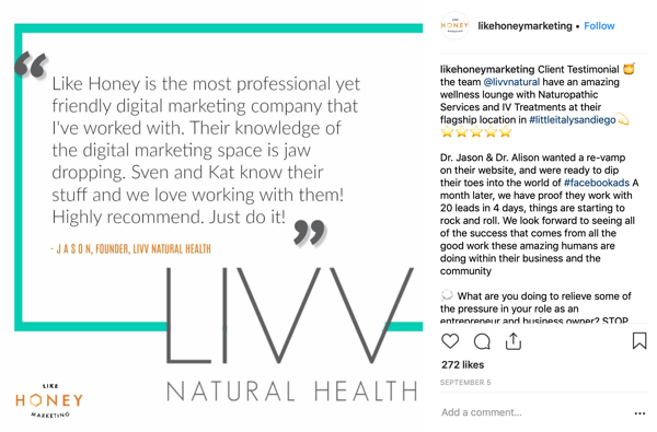 Exempel på ett klientberättelse Instagram-inlägg av Like Honey Marketing.