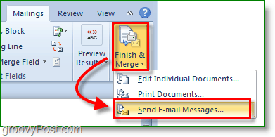 Skärmdump av Outlook 2010 - avsluta och slå samman och skicka e-postmeddelanden