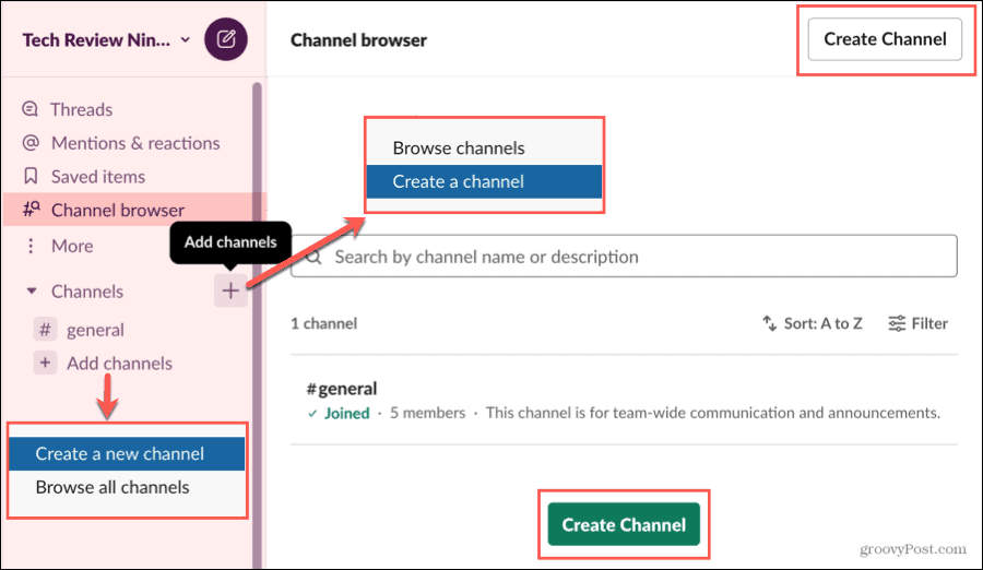Skapa en kanal i webbläsaren Slack Channel