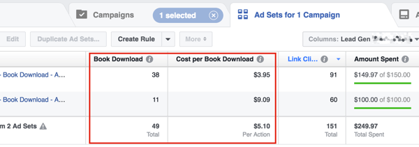 Granska din kostnad per lead och justera sedan din Facebook-annonsbudget för att nå ditt intäktsmål.