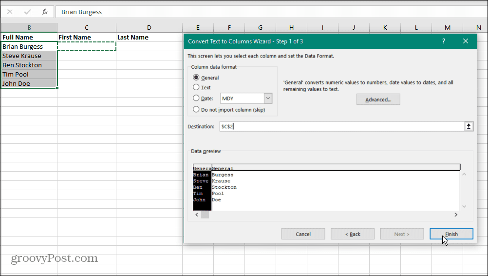 Separata namn i Excel
