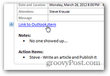 Klicka på Länk tillbaka till Outlook-kalenderobjektet