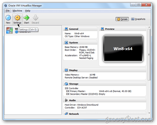 VirtualBox-inställningar konfigurerar Windows 8