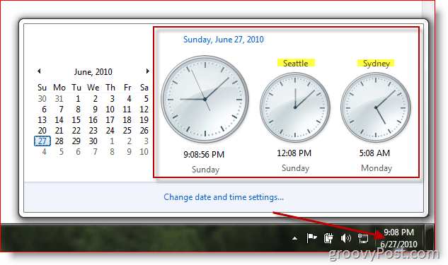 Microsoft Windows 7 som visar ytterligare klockor i olika tidszoner
